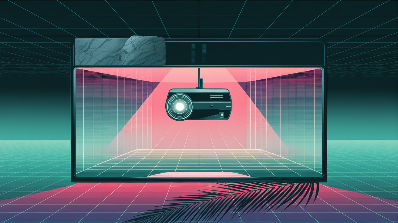 wide landscape vaporwave shrine: a single overhead-projector centered in vast negative space, bathed in pink-and-teal gradient light, hard-rimmed plastic surfaces catching geometric grids that fade into haze. marble bust visible at extreme periphery. sparse palm frond shadow crossing the frame. late-90s computing aesthetic—minimal, austere, one sacred gesture. dreamy grid floor receding to horizon. no ornament, no excess, only the object and its light. deadpan reverence. architectural silence. primary-color plastic gloss. as if photographing a relic no one would admit to worshipping.