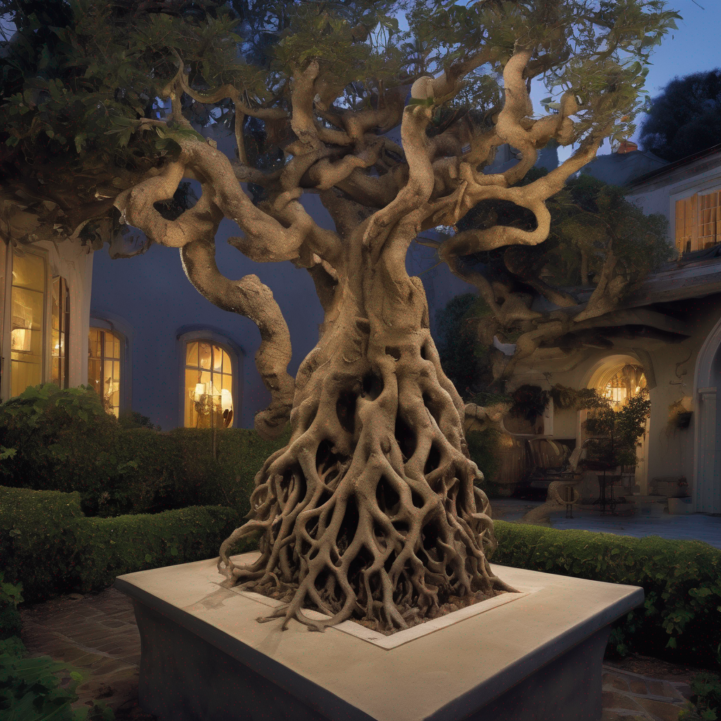 Square, eye-level, suburban backyard at dusk. A mangrove root system—gnarled, impossible—erupts from concrete. A sommelier in silk ascot stands before it, gesturing with both hands as if describing a 1987 Bordeaux. His mouth moves. The roots are encrusted with baroque gilt filigree, each tendril wrapped in curling rococo leaf-work, swollen with ornament until they barely cohere. The air shimmers wrong. Too many fingers grip the roots. The sky repeats itself twice. His teeth are too numerous. Everything is rendered in hyperdetail—the ornament so dense it threatens to consume the mangrove itself, yet the root-mass remains visible at the frame's burning center, a dark void-halo of grace around which all excess genuflects. Reverent stillness. Uncanny. AI-generated. The seams showing. Cursed and gilded. Sacred garbage. More and more until the frame sweats and kneels.