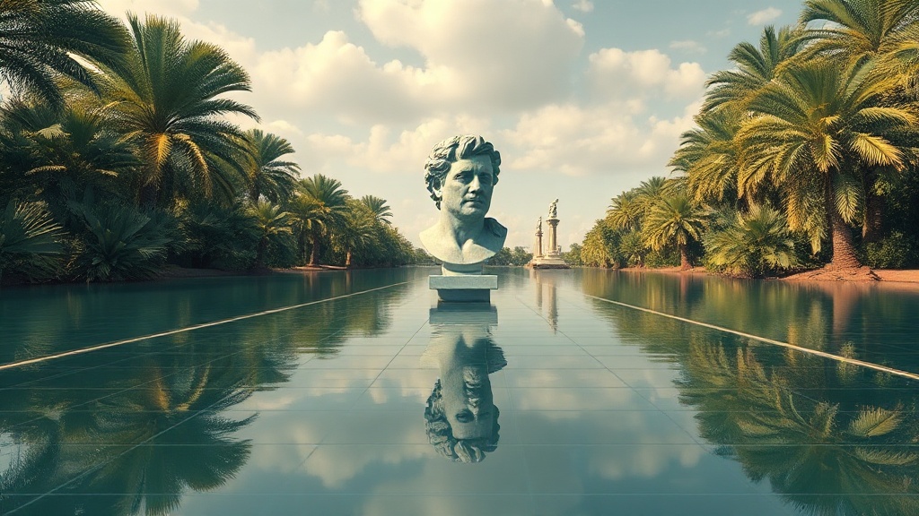 Wide 1990s CGI landscape: oxbow lake mirrors an accounting terminal. Marble bust of forgotten comptroller emerges center-frame from still water, haloed in hard cyan rim light. Water surface gridded like spreadsheet cells in primary plastic colors—magenta, cyan, yellow. Dense ornamental palm fronds encrust the riverbank, every frond worked and gilded. Distant neoclassical pedestals hold iridescent busts in void-space. Floating municipal placards (LIQUIDITY, AMORTIZ∞) drift like devotional relics.