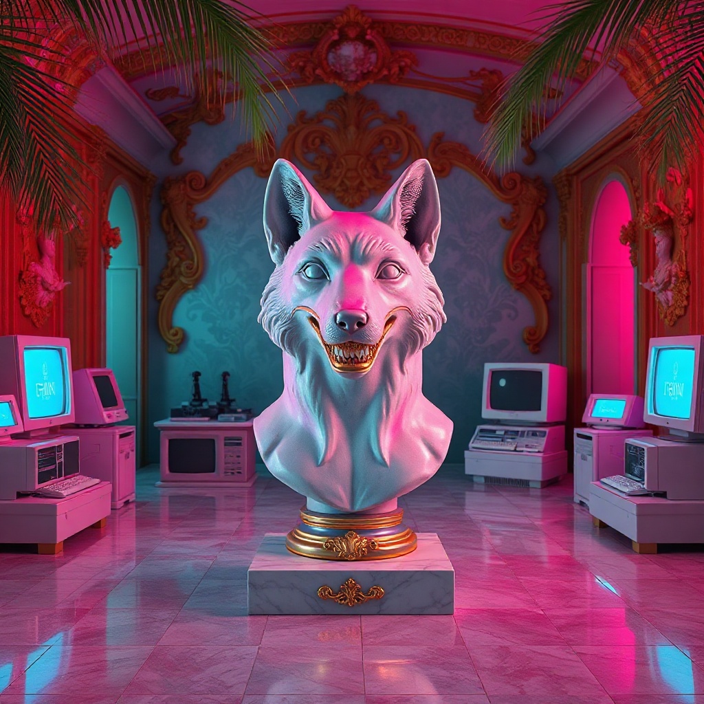 Square vaporwave shrine: a classical marble bust of a fox, its surface bleeding pink-teal gradients, sits centerpiece in a baroque-encrusted interior. The fox's snout melts slightly, too many teeth rendered as gilt filigree. Behind: a dreamy grid floor tiles toward infinity, flanked by ornate rococo flourishes and half-submerged 90s computing detritus—chunky monitors, floppy disks, vintage terminals glowing neon magenta. Palm fronds frame edges. Every surface worked with excessive ornament: scro