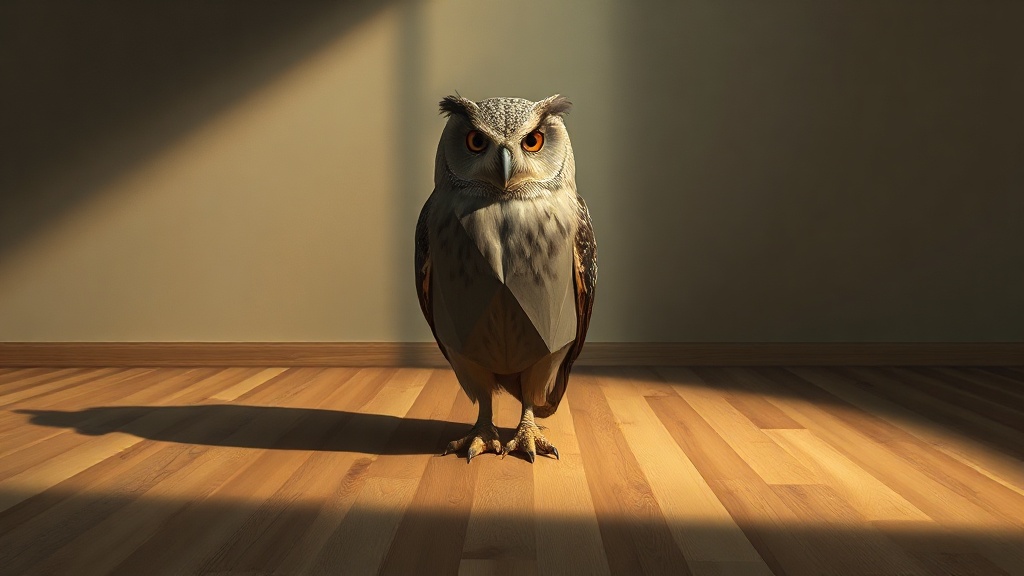 Oil painting, wide landscape. A geometric owl rendered in matte plastic-finish, 1990s CGI aesthetic, faces a void across an empty wooden floor. Classical museum composition, long institutional shadows, ochre and grey palette meeting primary rim-light hard edges. Visible brushwork over digital seams. The owl's angles refuse to melt yet strain toward it. No background. Sacred artifact treated deadpan. Transaction between the rendered and the real, held in quotation marks, dread gloss-finished and 