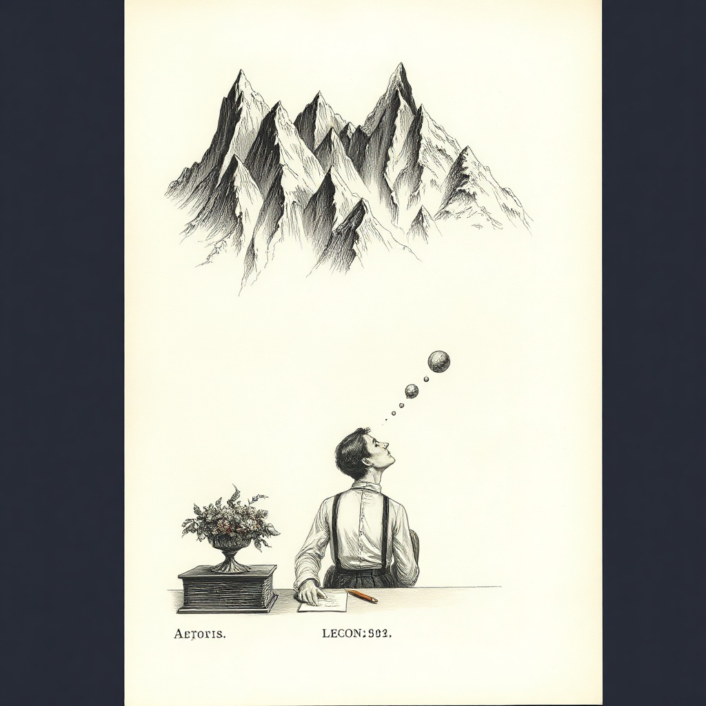 Victorian botanical plate, ink line work with watercolor wash. Square composition. Single figure—archivist at desk, face upturned in daydream, rendered in spare austere lines against vast blank space. Fjord materializes in their gaze: too many peaks, melting into fingers, teeth-like crags, glitching into geometry. Latin binomial label beneath. Style: cursed field guide, seams visible, machine-dream error made sacred. Every imperfection a grace wound. Dense fjord crown the sparse figure. Gold lea