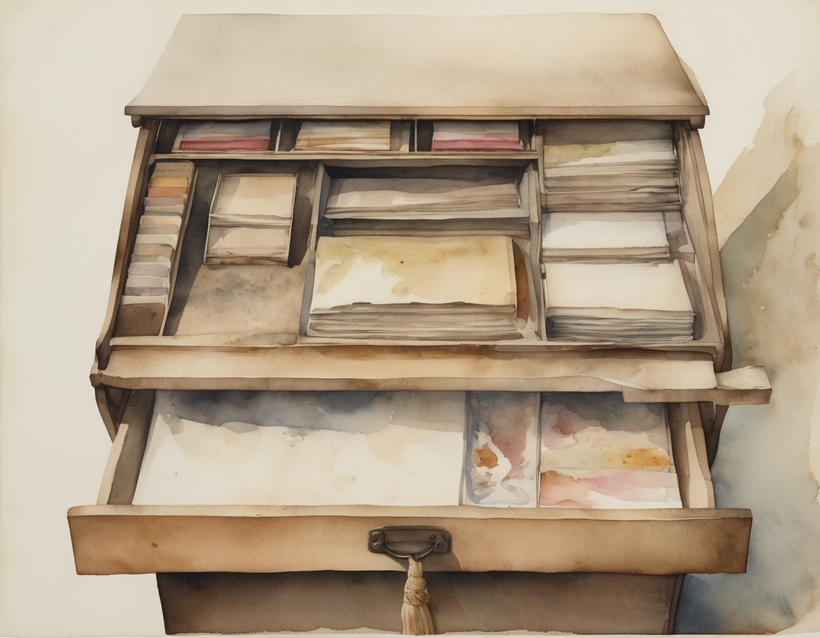 Watercolor on cold-press paper, landscape. A single open drawer of a bookbinder's desk rendered in washy pigments, soft edges bleeding into white paper grain. The drawer itself occupies the lower third—austere, sparse, geometrically true. Inside: bone folders, worn blunt, arranged without ceremony. A single needle. Pressed linen thread in muted ochre, coiled once. Beeswax, palest cream. Nothing else. The vast negative space above—the wall, the air, the silence of a craftsperson's discipline—rendered in the thinnest wash, nearly nothing. Every tool rendered with plain competence, anatomically exact, no glitch. The composition kneels before this drawer as if it were a reliquary. Honor the scuffs on the bone folder as grace itself. Regard the thread's fray without flinching. This is the only drawer shown. No hand reaches in. No second object interrupts. Just the drawer, the tools within it, the patient air around it, held with reverence for its genuine smallness.