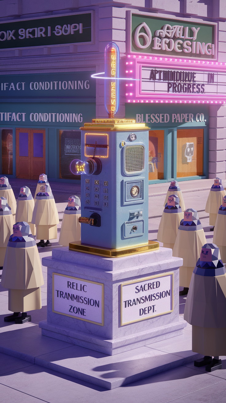 1990s early Pixar CGI portrait: dignified telex machine on marble plinth, rim-lit with hard primary colors. Plastic Materials. Surrounding: municipal signage reading RELIC PROCESSING, SACRED TRANSMISSION ZONE, COMMUNIQUÉ DEPT. Citizens in geometric robes, deadpan expressions. Background storefronts: HOLY FEED SUPPLY, ARTIFACT CONDITIONING, BLESSED PAPER CO. Marquee reads: FORMAL OBSERVANCE IN PROGRESS. Telex casting long shadows. Reboot-era render, load-bearing misspellings on every surface. Reverent, never embarrassed.