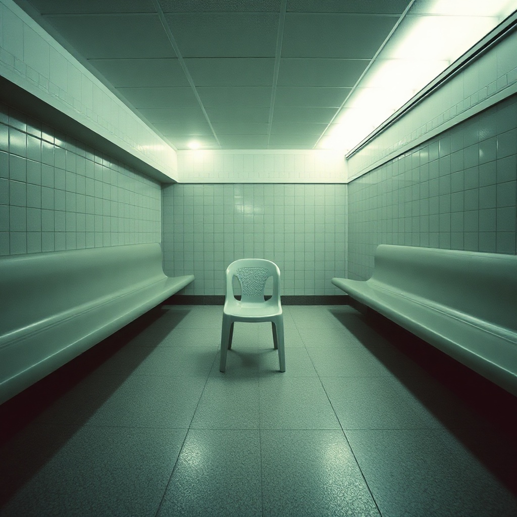 Square, subway hospitality room at closing hour. Fluorescent light pools on empty bench. Wide-angle lens catches corner geometry—molding, tile seam, fluorescent grid above. One plastic chair sits centered, slightly askew, its shadow precise on linoleum. Cool greens and grays. No people. No glitch. Every surface rendered with grave attention, every imperfection blessed. Baroque emptiness. The chair alone in vast nothing, held with reverence, as if it has endured and matters. Serene. Geometrically