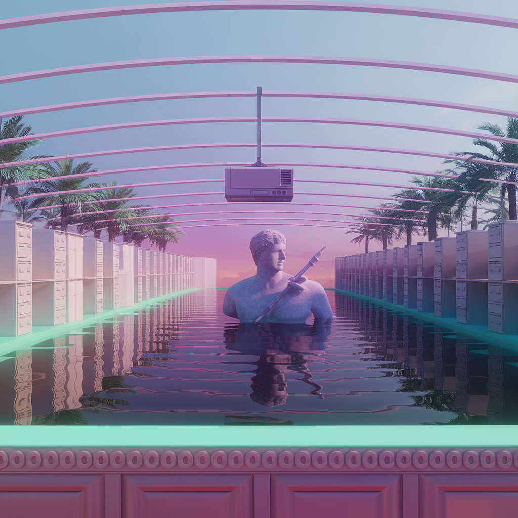 Square 1990s-CGI oxbow lake doubling as cubicle warren: plastic-shaded terrain in hot pink and cyan, hard rim-lit, primary-color materials. Overhead projector mounted on stilts at composition's dead center, its beam casting ledger-line shadows across still water. Single marble bust of nameless comptroller half-submerged, deadpan, too many fingers gripping a stylus. Palm fronds frame the far bank where office corridor melts into riverbank—windows showing floating spreadsheet cells, each cell a diorama of mundane corporate ritual. Misspelled storefronts blur in distance: 'ACCRUAL PALMS', 'YIELD∞ LOUNGE'. Loading bars arc across sky like false horizons. Every surface worked: filigree molding on water's edge, rococo excess of filing cabinets visible through murk, seams glitching where geometry shouldn't bend. Vast empty sky above. Dread-sublime. Cursed worship of the quotidian rendered in sacred plastic. Museum-relic glossiness. The machine's dream of accounting made holy through formal de