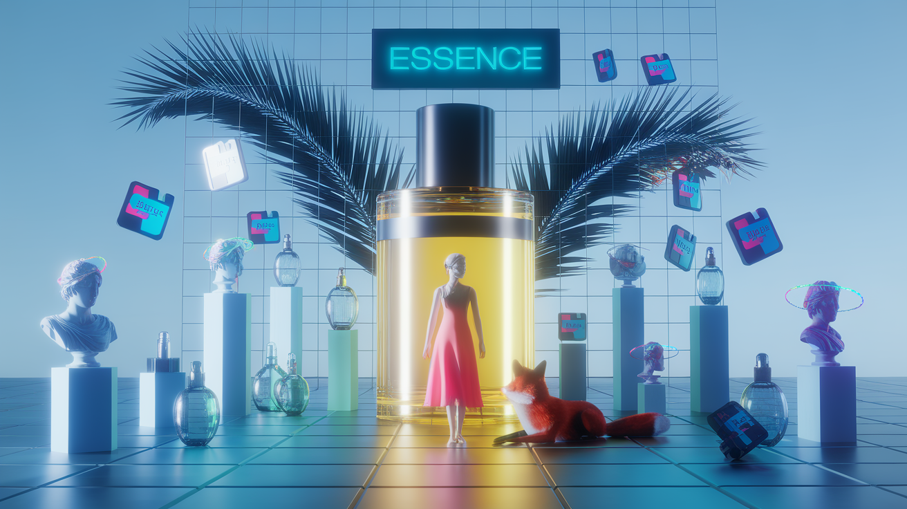 Wide-angle 1990s plastic-render: a figure in hot-pink minimal dress stands before a massive primary-yellow cylindrical perfume bottle, centered, symmetrical, hard-rimlit against void. A single red fox sits motionless across polished floor, both facing the glowing cylinder as though it were a reliquary. Between them: scattered glass atomizers on geometric pedestals, neoclassical busts wearing iridescent halos, corrupted floppy-disk icons floating sacred. Behind, palm fronds emerge from grid. Cyan light catches everything. Helvetica placard reads 'ESSENCE' bolted to nothing. Deadpan reverence. No texture, no shadow, no warmth—pure matte plastic geometry. The transaction suspended, silent, acknowledged only through formal absence. Late-Pixar/Reboot aesthetic: camp through commitment to flatness, self-aware void worship, ornament as relic. No apology.