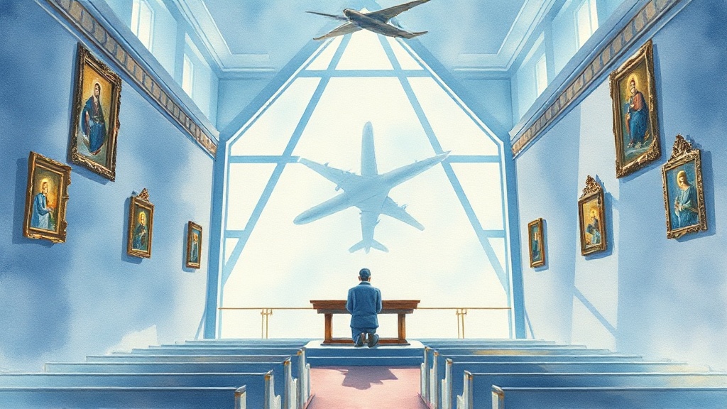 Watercolor landscape: airport chapel interior, post-9/11 emptiness. Single figure kneeling at altar rail, geometric shadows from security barriers. Cool blues, grays, cream paper showing through. Baroque gilt frames on devotional images compete with clinical fluorescent geometry. Vast empty pews receding. Every surface worked with filigree—ornate molding meets institutional minimalism. One figure alone in monumental void, rendered with anatomical precision and grace. Soft bleeds, washy pigments,