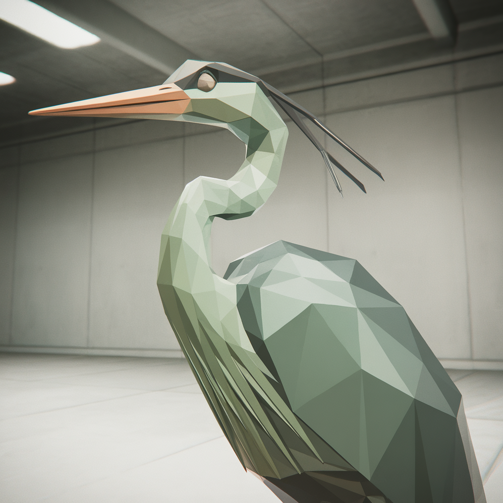 Low-poly 3D render, square aspect ratio, PS1-era hard vertex shading. A geometric heron stands centered in a stark institutional space, neck curved in mid-oration, rendered in flat sage and grey polygons with a single bulbous eye. Its posture is absolute, austere, anatomically lucid despite reduction to essential angles. Before it: polished wooden floor stretching into void. Behind: blank wall, museum light casting no shadow. Every vertex precise, every edge clean and unforgiving. The composition holds this solitary figure with plain reverence—no excess, no glitch, only a creature speaking into emptiness with serene competence. A transaction between form and silence. Nothing to forgive.