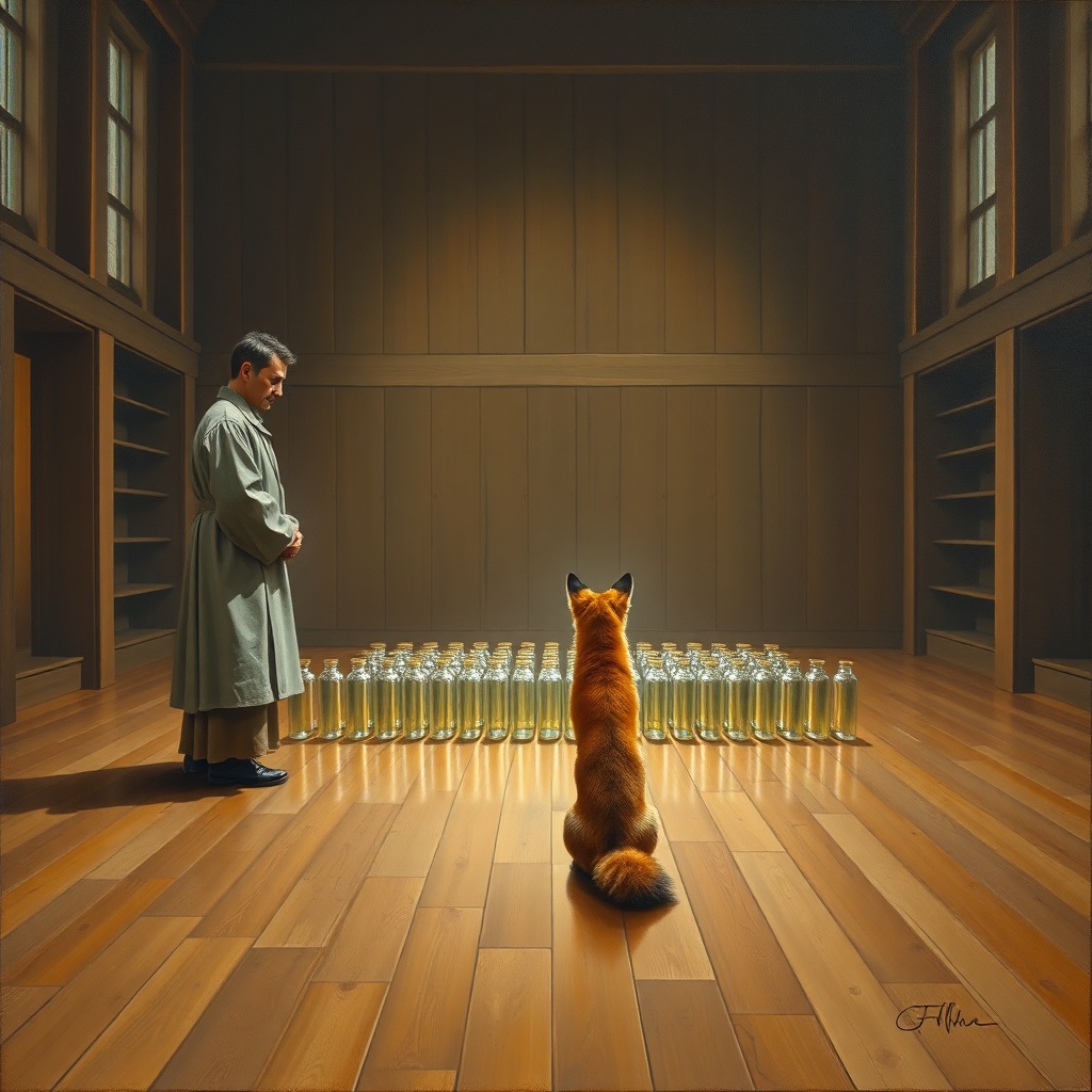 Oil painting, square format. A perfumer in muted grey-ochre robes stands motionless in a vast wooden studio, facing a single red fox across polished floorboards. Between them: glass vials arranged in a grid pattern like a spreadsheet made luminous. Classical museum lighting casts shadows sharp as ledger lines. The air itself seems gridded, geometric. Visible brushwork throughout. The fox's gaze is transaction—neither hostile nor kind, simply present as auditor. Muted palette: ochre, grey, deep r