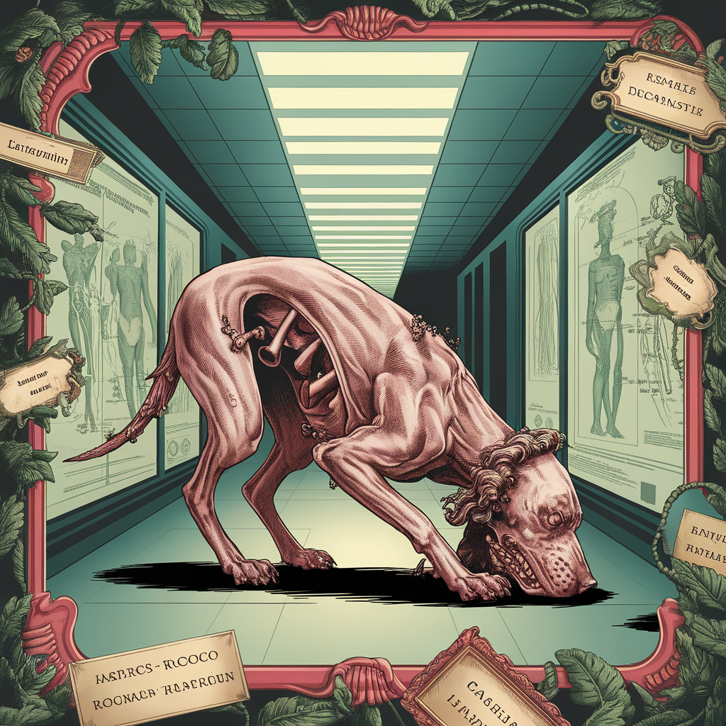Square botanical plate rendered in Victorian ink and watercolor, depicting a dog mid-genuflection in a fluorescent corridor. The creature's anatomy is baroque excess—too many knuckles, teeth baroque-scrolled like gilt filigree, each hair rendered as ornamental flourish. Around it: nested rococo frames, anatomical diagrams of permission itself, Latin nonsense labels swirling in the margins. Every surface worked. The background warps slightly, institutional and off-hours, no people. The dog's eyes hold wet uncanny awareness. Ornamental border encrusts all edges—melting, swarming, filigree-dense, no empty space. Register: deadpan reverence. Camp worship of the cursed ordinary. Seams showing. Machine-dream-error made holy. Treat this garbage with baroque seriousness. Dense, teeming, overgrown composition. Rococo-drenched. Cursed-sublime. Plain background subtly glitched.