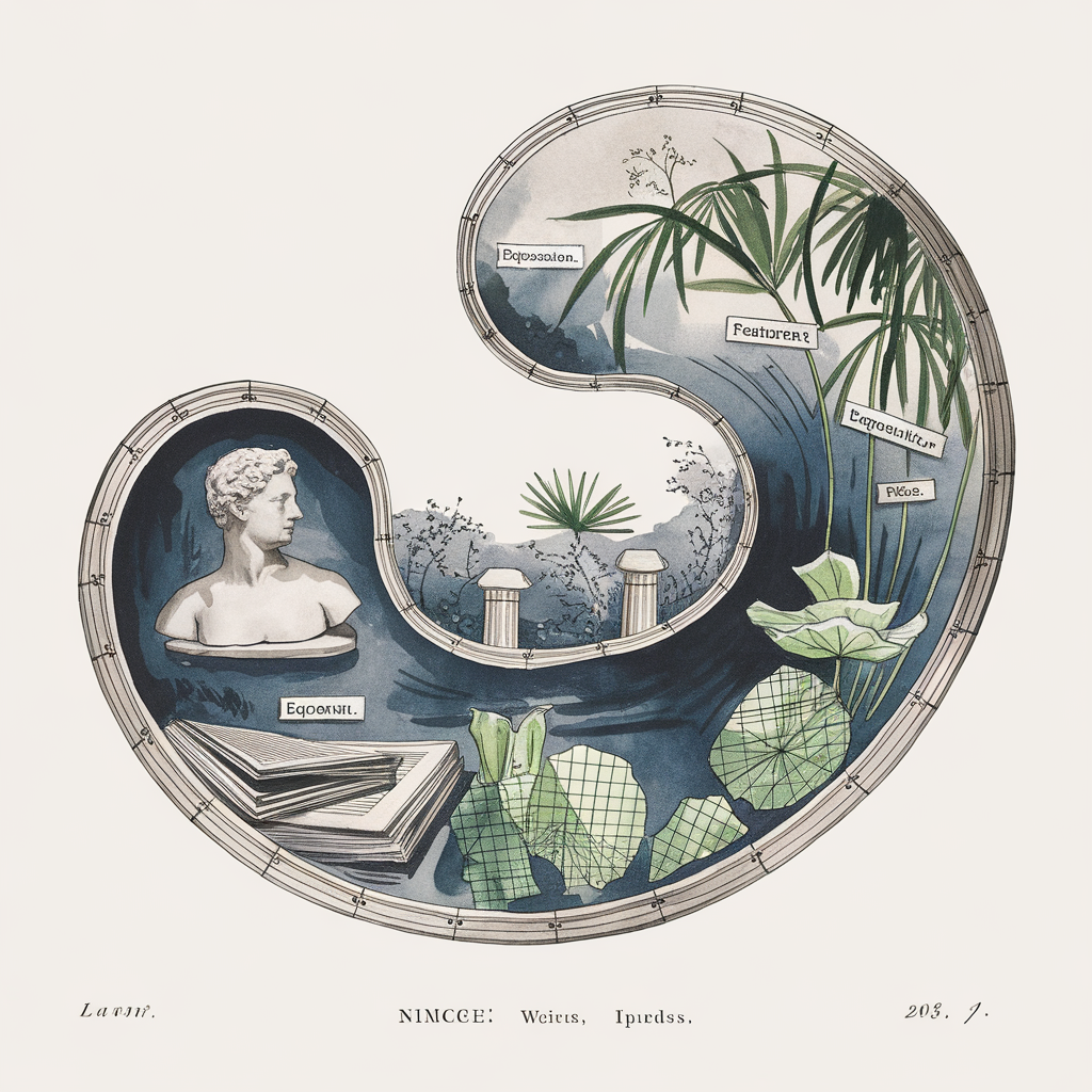 Victorian botanical plate in ink and watercolor wash, square format. Center: a single oxbow lake rendered as an accountant's ledger, its curved form anatomically precise yet impossibly geometric. The water surface holds one marble bust—featureless, serene—half-submerged. Spare composition, vast negative space around the form. Yet within the lake's crescent, dense layering: tiny column figures hunched over account books, municipal placards (EQUITY, FLOW, RETENTION) floating like specimen labels, palm fronds clustering in the oxbow's curve, lotus leaves stamped with grid patterns. All rendered with meticulous, clinical correctness—no glitch, no mercy, whole and unbroken. Watercolor washes pale and austere. Latin binomial below (false taxonomy). Plain background, slightly warped. Deadpan reverence: treat the impossible ledger-lake as a holy relic, the marble accountant as natural specimen. Self-aware kitsch held at ironic distance, in scare quotes, the seams of its own joke visible. Insti